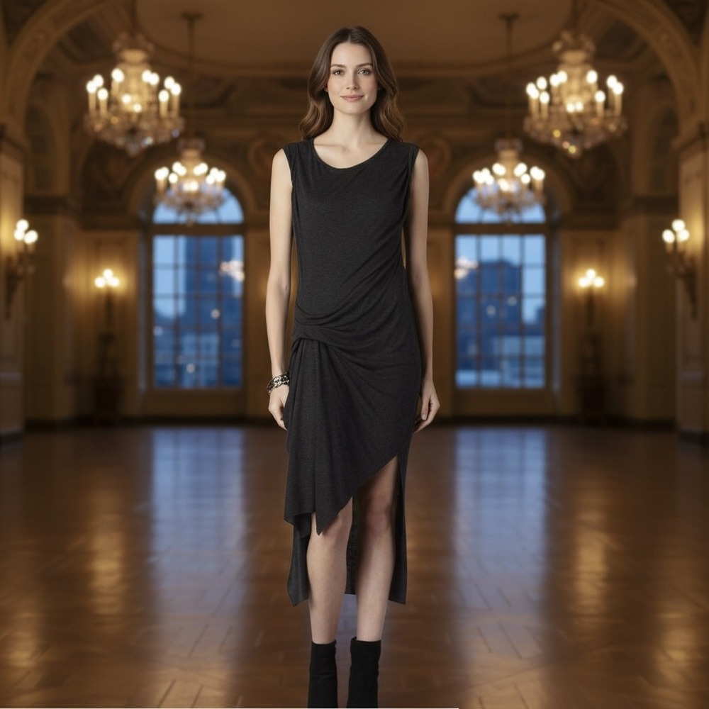 AllSaints Draped Knot‎ Front Asymmetrical Midi Dress Charcoal Grey US 4 UK 8